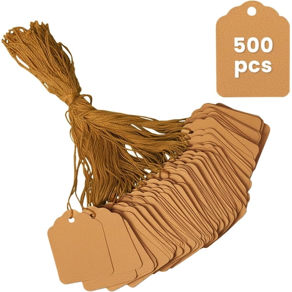 1.8x1.4 Inches Brown Kraft Price Tags with String Attached 500 Pcs, General Writeable Brown Tags for Gift Bags, Small Business, Clothing, Jewelry, Garage/Yard Sale, Inventory, 250 GSM