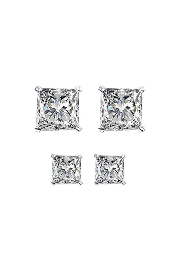 1.9 CT Princess Cut Square Studs 2 Pair Set Pack Simulated Diamond 925 Sterling Silver