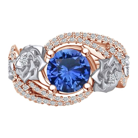 AFFY 1.9 Carat Round Simulated Blue Sapphire & Natural Diamond Two-Tone Engagement Ring 14K Solid Rose Gold Ring Size-10