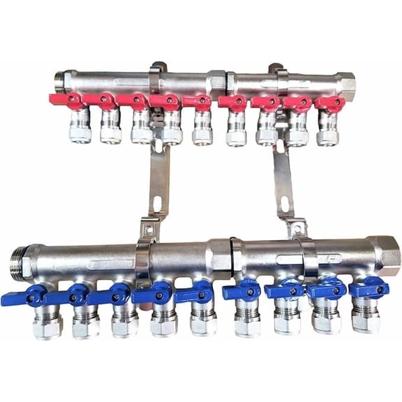 1" 9-Loop/Port Ball Valve Brass Pex Manifold for 1/2" Pex Tubing w/brackets