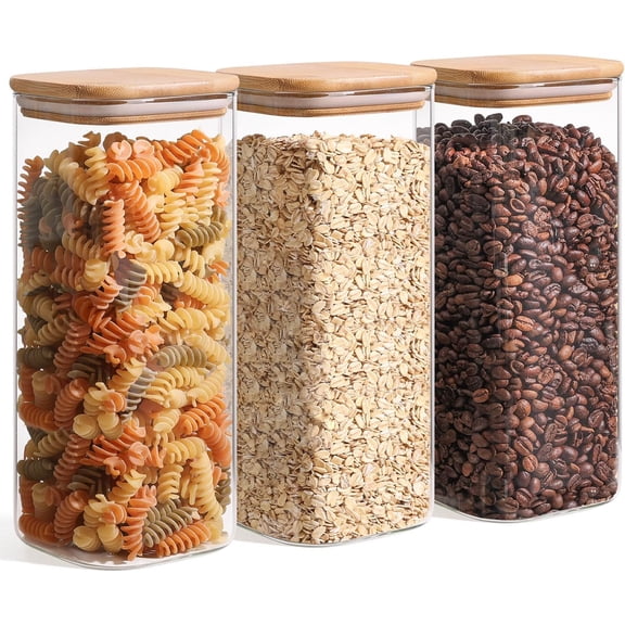1.9 Qt Glass Storage Containers with Lids, Glass Jars with Lids, Clear Food Storage Jar, Square Canister Set of 3, Pantry Organizers and Storage for Flour Rice Pasta Tea Coffee Bean