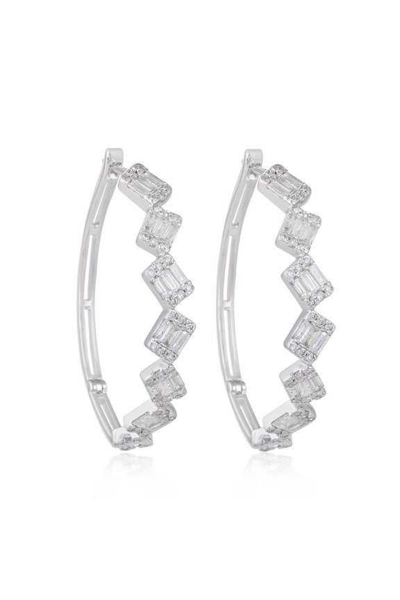 1.9 TCW Solid 18Kt White Gold SI Clarity HI Color Diamond Baguette Design Huggie Earrings Indian Fine Jewelry