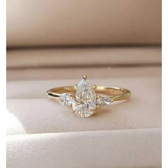 2Ct Pear Cut Simulated Diamond Women's Fancy Three Stone Ring 14K Yellow Gold Plated
