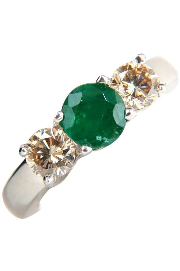 1.90ct NATURAL ROUND EMERALD FANCY COLOR BROWN DIAMONDS RING 14KT W GOLD