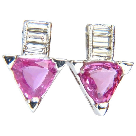 1.90ct natural vivid pink trilliant sapphire diamonds stud earrings 14kt