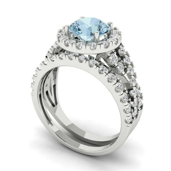 1.92 ct Brilliant Round Cut Blue Zircon 14k White Gold Halo Solitaire with Accents Engagement Bridal Wedding Ring Band Set