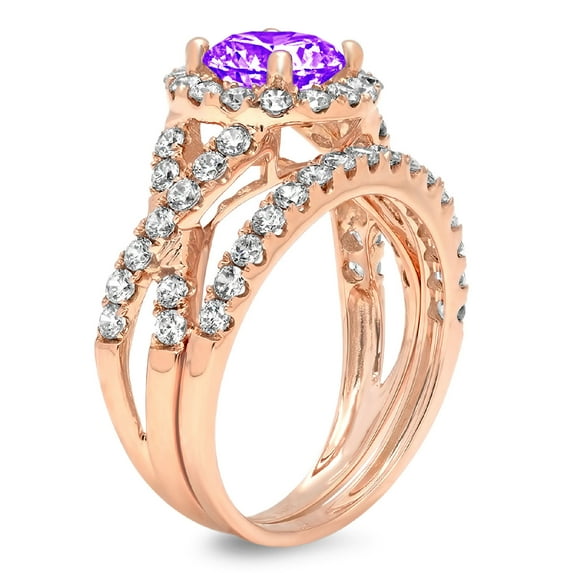 1.92 ct Brilliant Round Cut Natural Amethyst 14k Rose Gold Halo Solitaire with Accents Bridal Set SZ 8.25