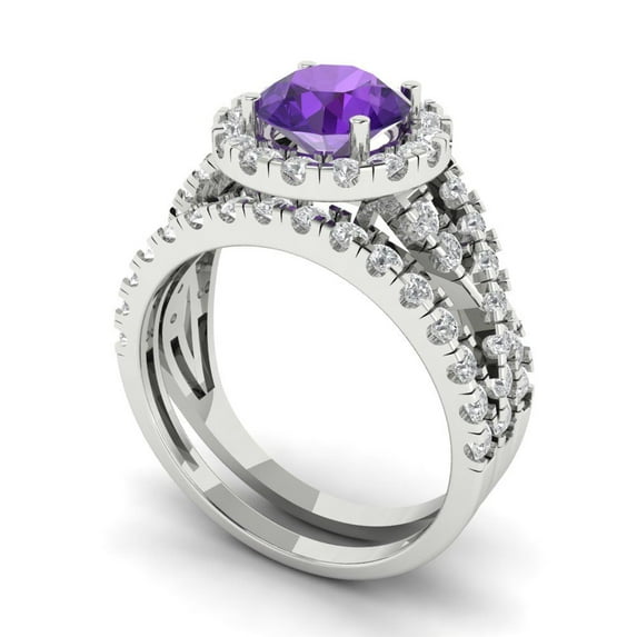 1.92 ct Brilliant Round Cut Natural Amethyst 14k White Gold Halo Solitaire with Accents Engagement Bridal Wedding Ring Band Set size 10.25