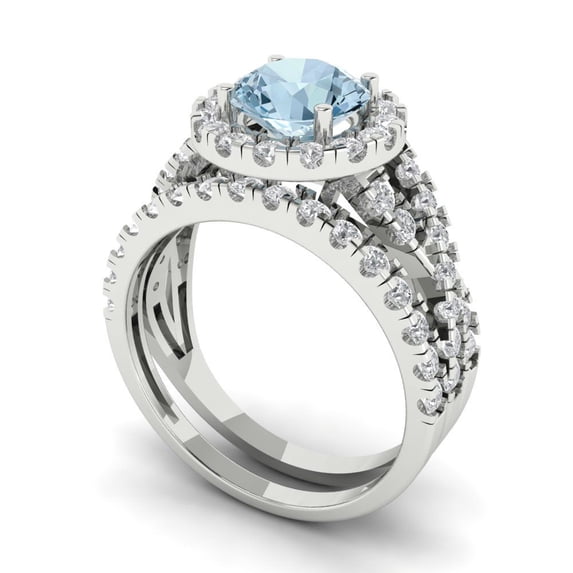 1.92 ct Brilliant Round Cut Natural Aquamarine 18K White Gold Halo Solitaire with Accents Engagement Bridal Wedding Ring Band Set size 10