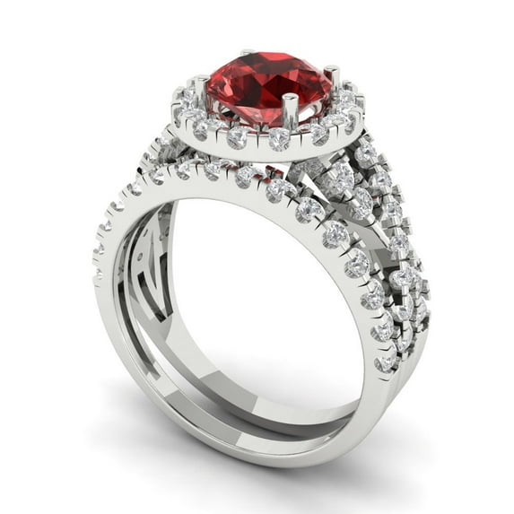 1.92 ct Brilliant Round Cut Natural Garnet 14k White Gold Halo Solitaire with Accents Engagement Bridal Wedding Ring Band Set size 9.75