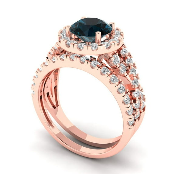 1.92 ct Brilliant Round Cut Natural London Blue Topaz 18K Rose Gold Halo Solitaire with Accents Engagement Bridal Wedding Ring Band Set size 10