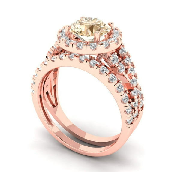 1.92 ct Brilliant Round Cut Natural Morganite 18K Rose Gold Halo Solitaire with Accents Engagement Bridal Wedding Ring Band Set size 8