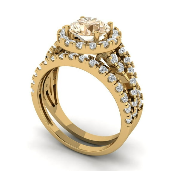 1.92 ct Brilliant Round Cut Natural Morganite 18K Yellow Gold Halo Solitaire with Accents Engagement Bridal Wedding Ring Band Set size 11