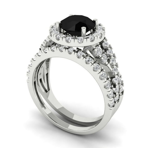 1.92 ct Brilliant Round Cut Natural Onyx 14k White Gold Halo Solitaire with Accents Engagement Bridal Wedding Ring Band Set size 6.25