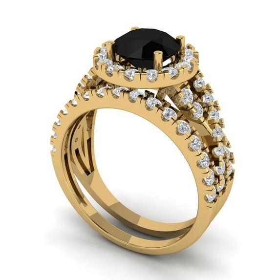 1.92 ct Brilliant Round Cut Natural Onyx 18K Yellow Gold Halo Solitaire with Accents Engagement Bridal Wedding Ring Band Set size 6.5