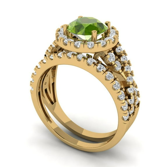 1.92 ct Brilliant Round Cut Natural Peridot 14k Yellow Gold Halo Solitaire with Accents Engagement Bridal Wedding Ring Band Set size 6.75