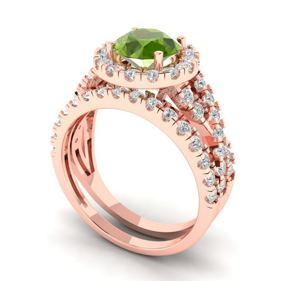 1.92 ct Brilliant Round Cut Natural Peridot 18K Rose Gold Halo Solitaire with Accents Engagement Bridal Wedding Ring Band Set size 3.5