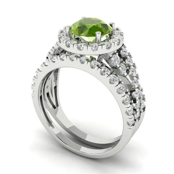 1.92 ct Brilliant Round Cut Natural Peridot 18K White Gold Halo Solitaire with Accents Engagement Bridal Wedding Ring Band Set size 3.5