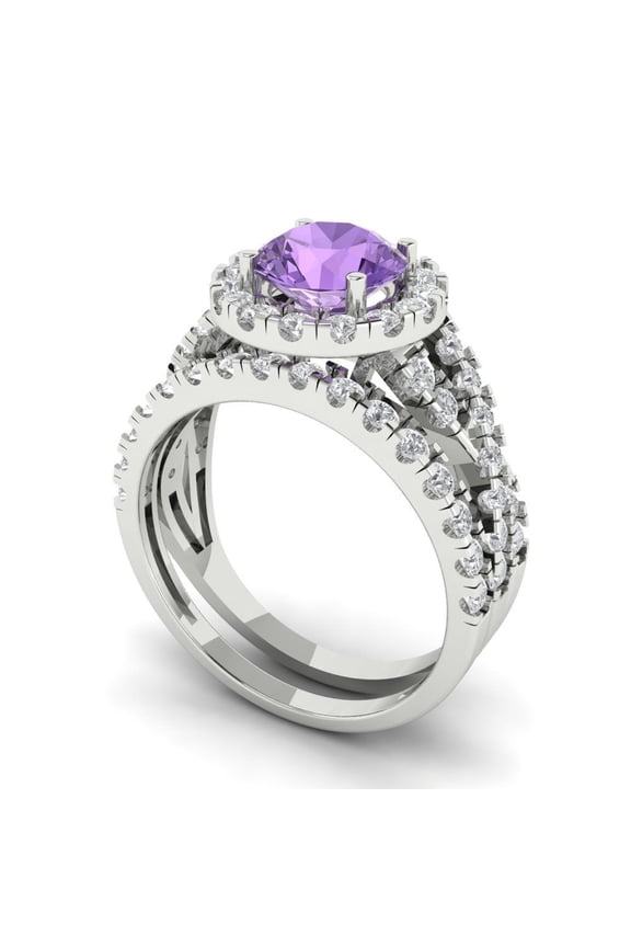 1.92 ct Brilliant Round Cut Alexandrite 14k White Gold Halo Solitaire with Accents Engagement Bridal Wedding Ring Band Set size 7.5