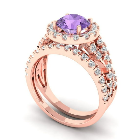 1.92 ct Brilliant Round Cut Alexandrite 18K Rose Gold Halo Solitaire with Accents Engagement Bridal Wedding Ring Band Set size 9
