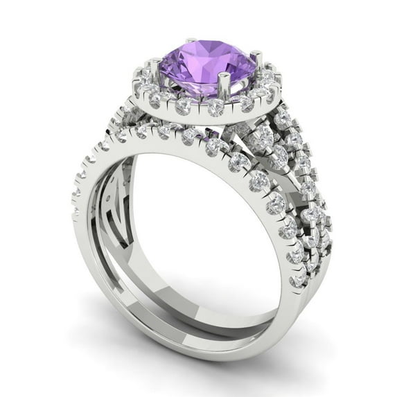 1.92 ct Brilliant Round Cut Alexandrite 18K White Gold Halo Solitaire with Accents Engagement Bridal Wedding Ring Band Set size 7.25