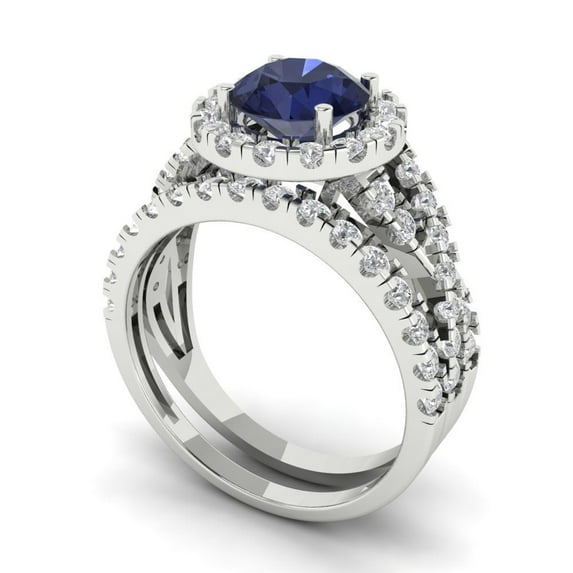 1.92 ct Brilliant Round Cut Blue Sapphire 14k White Gold Halo Solitaire with Accents Engagement Bridal Wedding Ring Band Set size 3.5