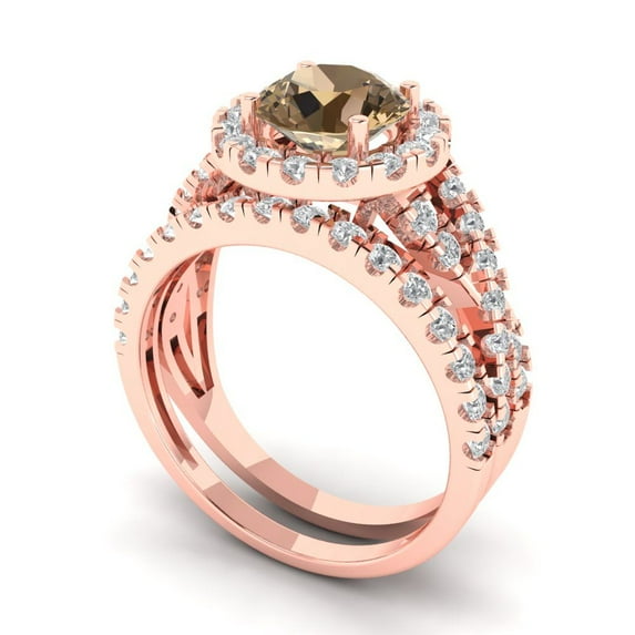 1.92 ct Brilliant Round Cut Champagne 14k Rose Gold Halo Solitaire with Accents Engagement Bridal Wedding Ring Band Set size 4.75