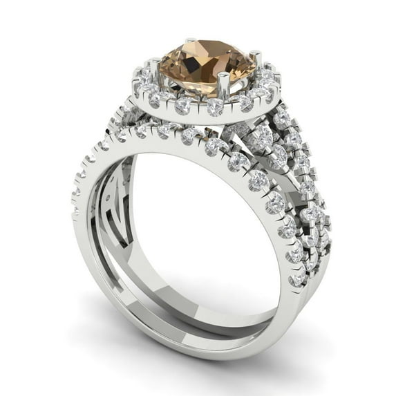 1.92 ct Brilliant Round Cut Champagne 14k White Gold Halo Solitaire with Accents Engagement Bridal Wedding Ring Band Set size 6