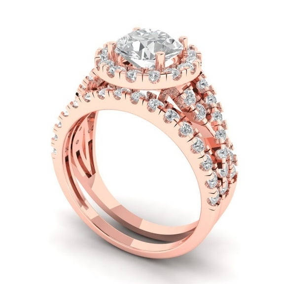 1.92 ct Brilliant Round Cut Zircon 14k Rose Gold Halo Solitaire with Accents Engagement Bridal Wedding Ring Band Set size 6.25