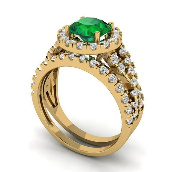 1.92 ct Brilliant Round Cut Emerald 14k Yellow Gold Halo Solitaire with Accents Engagement Bridal Wedding Ring Band Set size 5.25