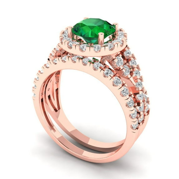 1.92 ct Brilliant Round Cut Emerald 18K Rose Gold Halo Solitaire with Accents Engagement Bridal Wedding Ring Band Set size 5.75