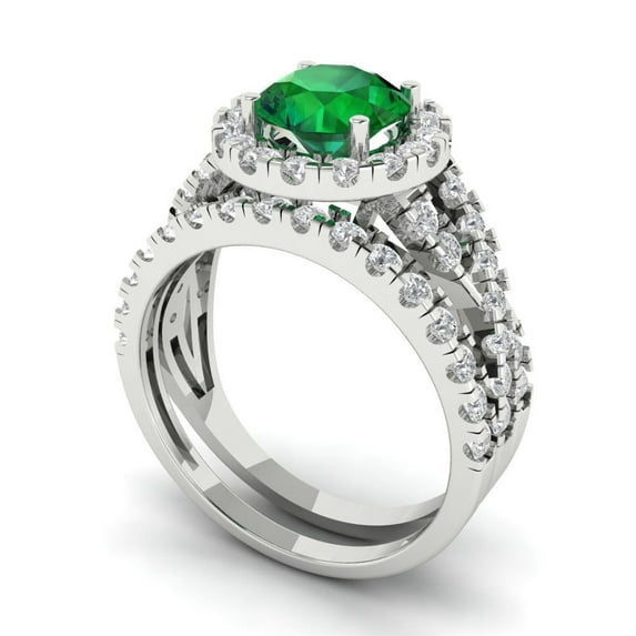 1.92 ct Brilliant Round Cut Emerald 18K White Gold Halo Solitaire with Accents Engagement Bridal Wedding Ring Band Set size 6.5
