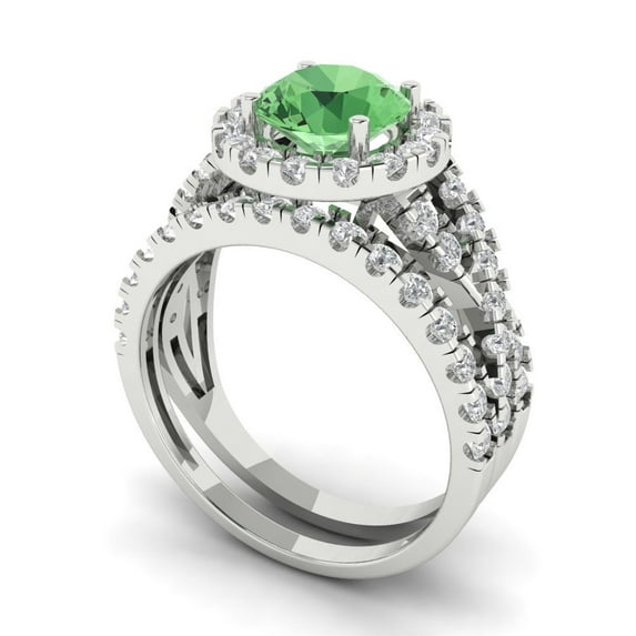 1.92 ct Brilliant Round Cut Green Zircon 14k White Gold Halo Solitaire with Accents Engagement Bridal Wedding Ring Band Set size 6.75