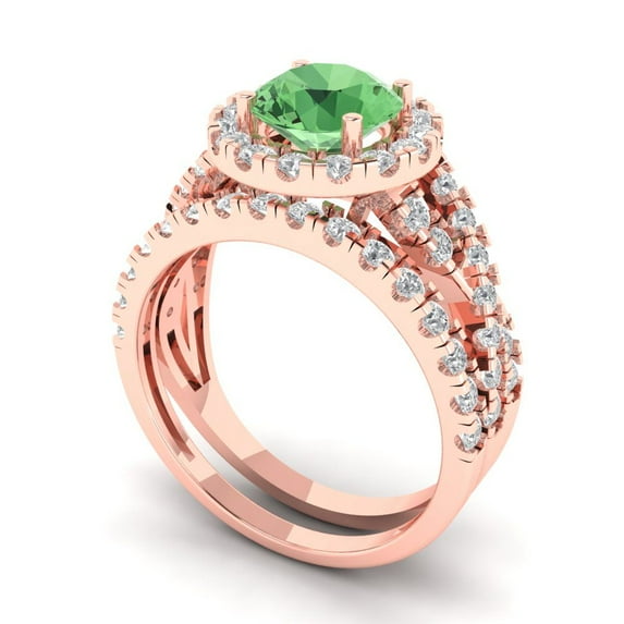 1.92 ct Brilliant Round Cut Green Zircon 18K Rose Gold Halo Solitaire with Accents Engagement Bridal Wedding Ring Band Set size 8
