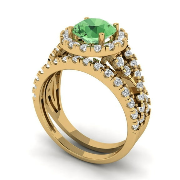 1.92 ct Brilliant Round Cut Green Zircon 18K Yellow Gold Halo Solitaire with Accents Engagement Bridal Wedding Ring Band Set size 3.5