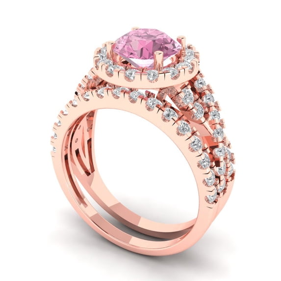 1.92 ct Brilliant Round Cut Pink Zircon 14k Rose Gold Halo Solitaire with Accents Engagement Bridal Wedding Ring Band Set size 9.5