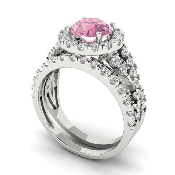 1.92 ct Brilliant Round Cut Pink Zircon 14k White Gold Halo Solitaire with Accents Engagement Bridal Wedding Ring Band Set size 5.75