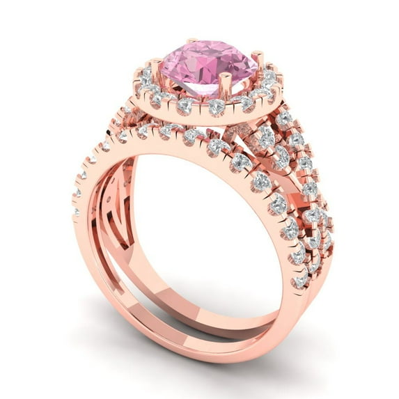 1.92 ct Brilliant Round Cut Pink Zircon 18K Rose Gold Halo Solitaire with Accents Engagement Bridal Wedding Ring Band Set size 7.25