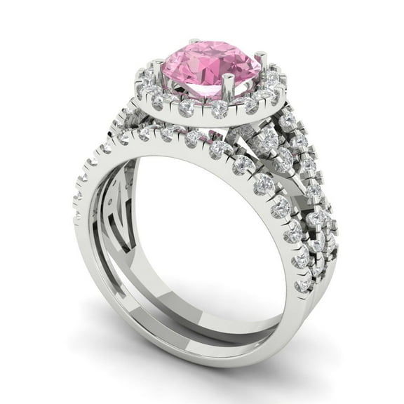 1.92 ct Brilliant Round Cut Pink Zircon 18K White Gold Halo Solitaire with Accents Engagement Bridal Wedding Ring Band Set size 5