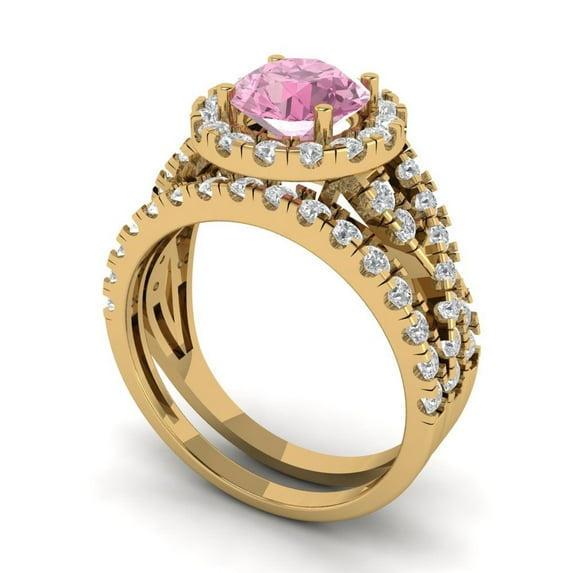 1.92 ct Brilliant Round Cut Pink Zircon 18K Yellow Gold Halo Solitaire with Accents Engagement Bridal Wedding Ring Band Set size 9.5
