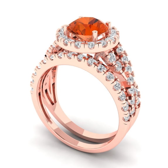 1.92 ct Brilliant Round Cut Red Zircon 14k Rose Gold Halo Solitaire with Accents Engagement Bridal Wedding Ring Band Set size 6.5