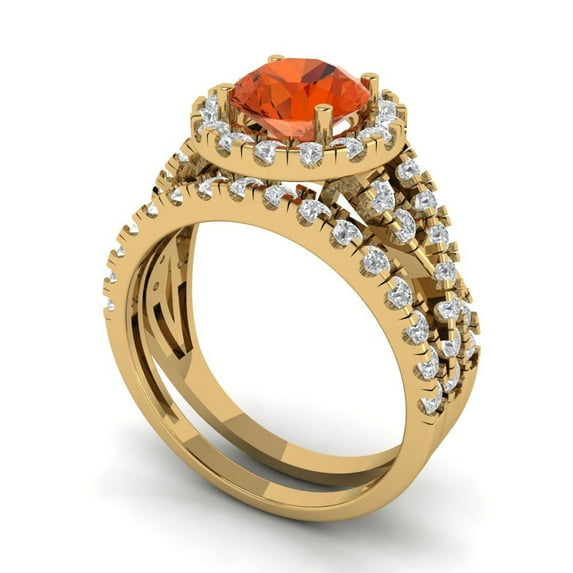 1.92 ct Brilliant Round Cut Red Zircon 14k Yellow Gold Halo Solitaire with Accents Engagement Bridal Wedding Ring Band Set size 6.75