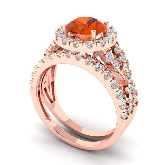 1.92 ct Brilliant Round Cut Red Zircon 18K Rose Gold Halo Solitaire with Accents Engagement Bridal Wedding Ring Band Set size 3.5