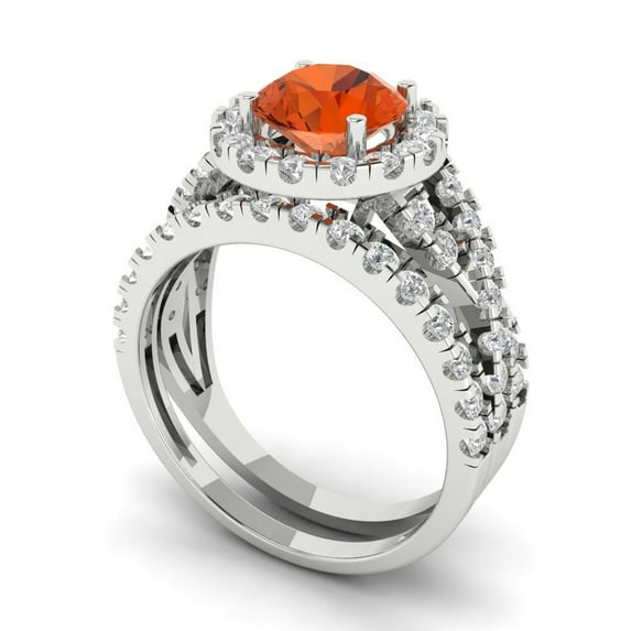 1.92 ct Brilliant Round Cut Red Zircon 18K White Gold Halo Solitaire with Accents Engagement Bridal Wedding Ring Band Set size 6.75