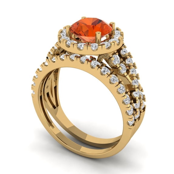 1.92 ct Brilliant Round Cut Red Zircon 18K Yellow Gold Halo Solitaire with Accents Engagement Bridal Wedding Ring Band Set size 5.75