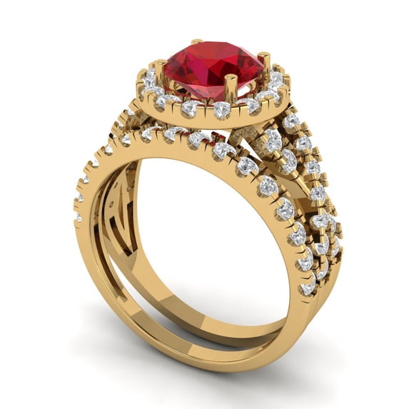 1.92 ct Brilliant Round Cut Ruby 14k Yellow Gold Halo Solitaire with Accents Engagement Bridal Wedding Ring Band Set size 4.25