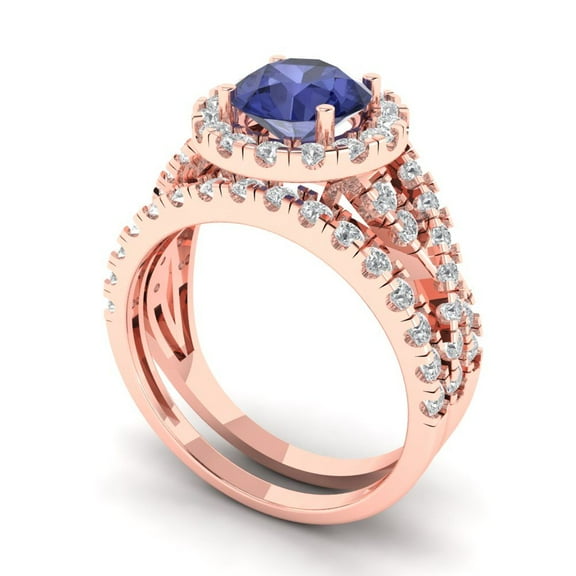 1.92 ct Brilliant Round Cut Tanzanite 14k Rose Gold Halo Solitaire with Accents Engagement Bridal Wedding Ring Band Set size 6.25