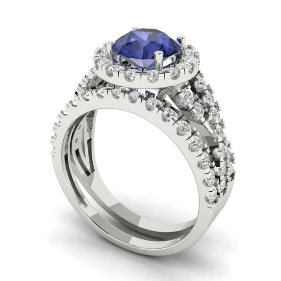 1.92 ct Brilliant Round Cut Tanzanite 18K White Gold Halo Solitaire with Accents Engagement Bridal Wedding Ring Band Set size 6.5