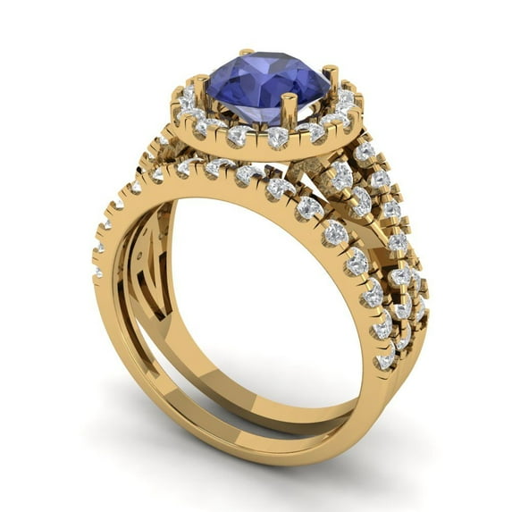 1.92 ct Brilliant Round Cut Tanzanite 18K Yellow Gold Halo Solitaire with Accents Engagement Bridal Wedding Ring Band Set size 10