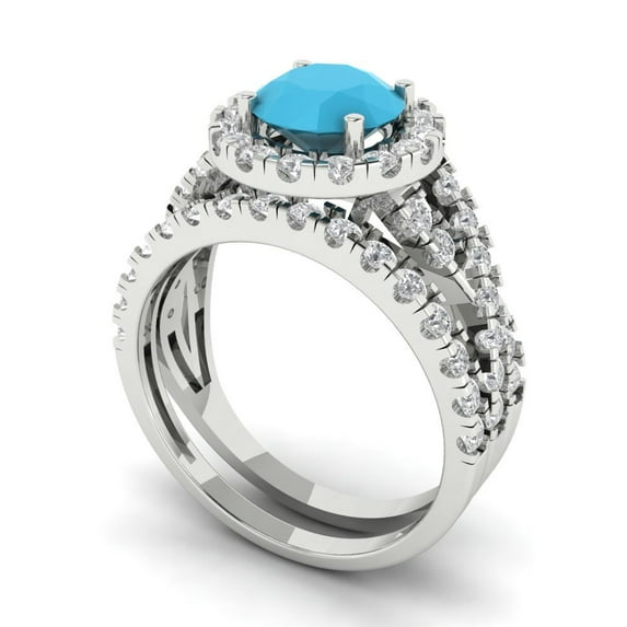 1.92 ct Brilliant Round Cut Turquoise 18K White Gold Halo Solitaire with Accents Engagement Bridal Wedding Ring Band Set size 7